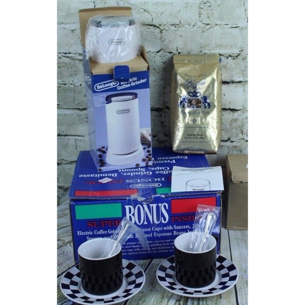 Delonghi Electronic Coffee Grinder 4 to 12 Cups Demitasse Cup Saucer Spoon Set